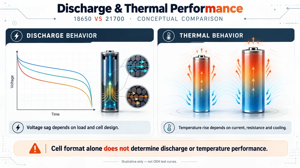 18650 vs 21700 Battery Discharge and Thermal Performance Comparison 18650 vs 21700 lithium battery discharge and thermal performance conceptual comparison