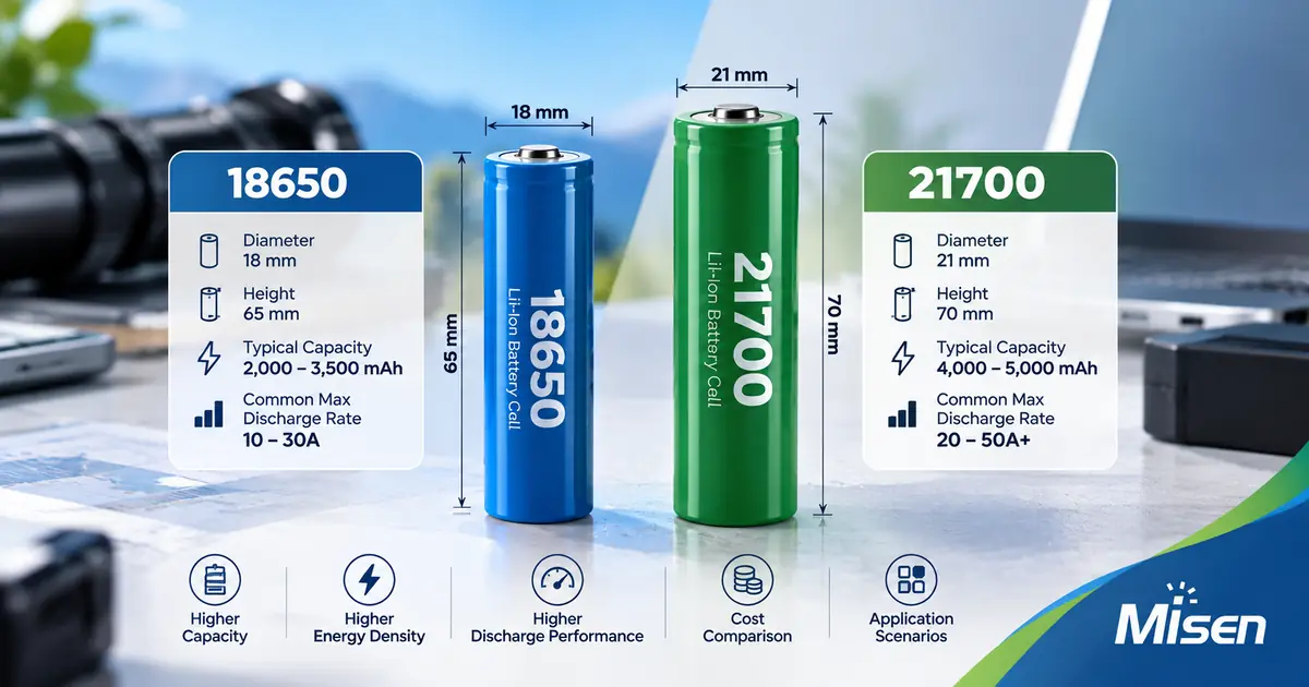 18650 vs 21700 Battery Cells – Size, Capacity and Performance Comparison 18650 vs 21700 lithium-ion battery cells side-by-side comparison showing dimensions, typical capacity and discharge performance.