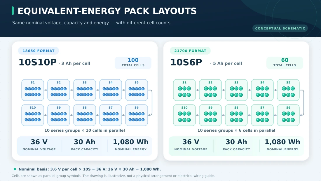 18650 vs 21700 Battery Pack Layout Comparison – 10S10P vs 10S6P 18650 vs 21700 battery pack comparison showing 10S10P with 100 cells and 10S6P with 60 cells, both providing 36V 30Ah and 1080Wh.