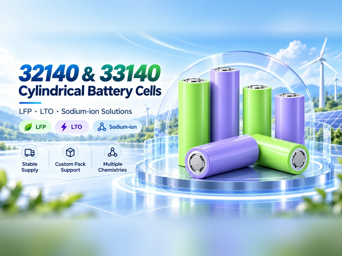 32140 and 33140 cylindrical battery cells featuring LFP, LTO and sodium-ion technologies