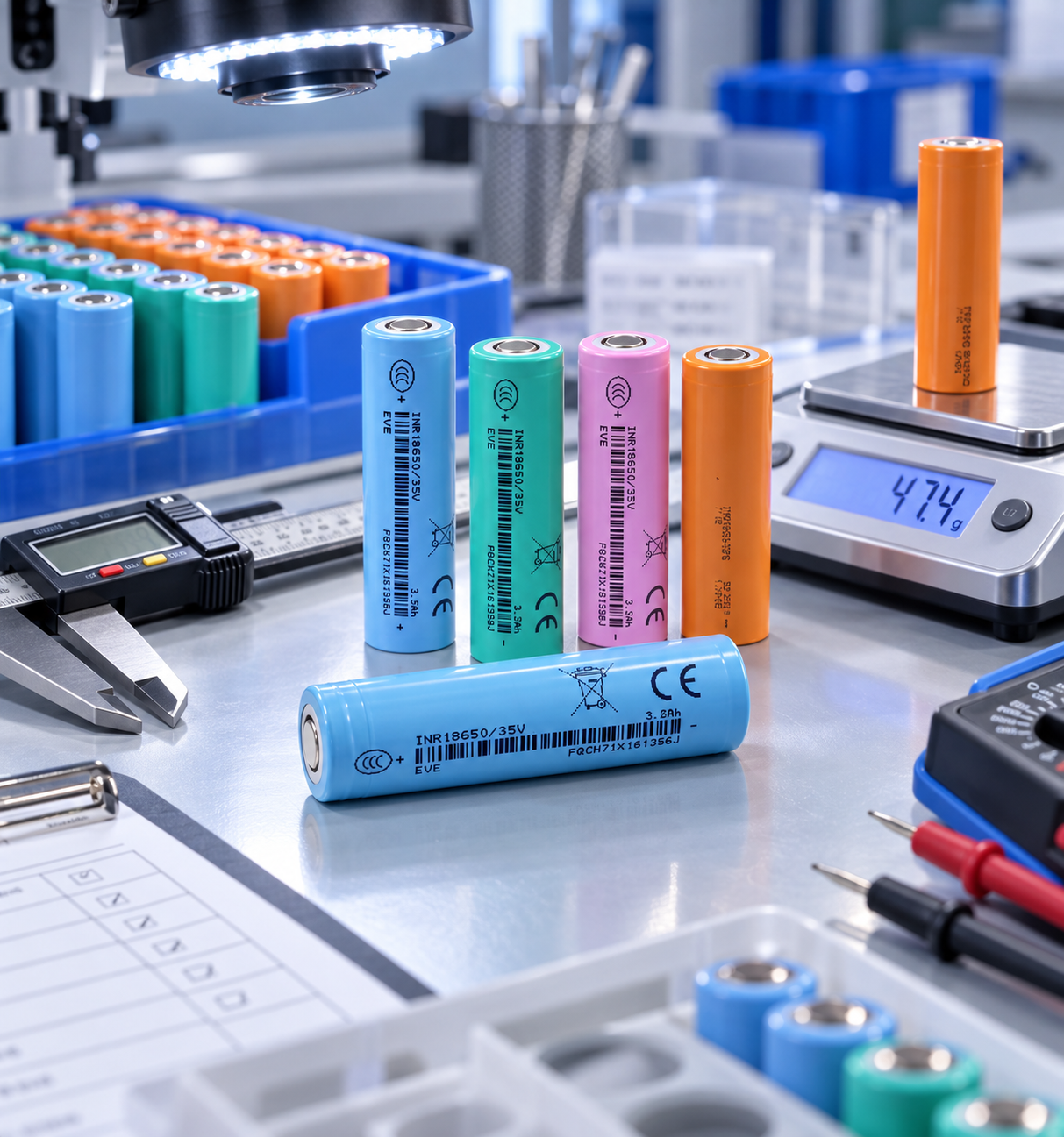18650 lithium-ion battery cells with digital caliper, precision scale and testing equipment on a quality inspection workbench