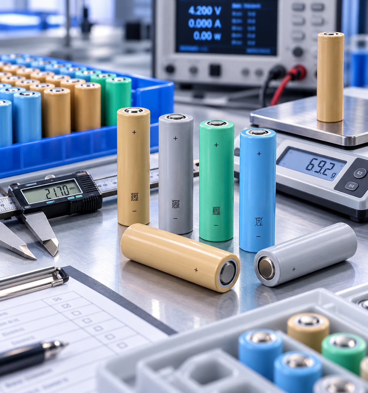 21700 Battery Cells with Testing and Measurement Equipment