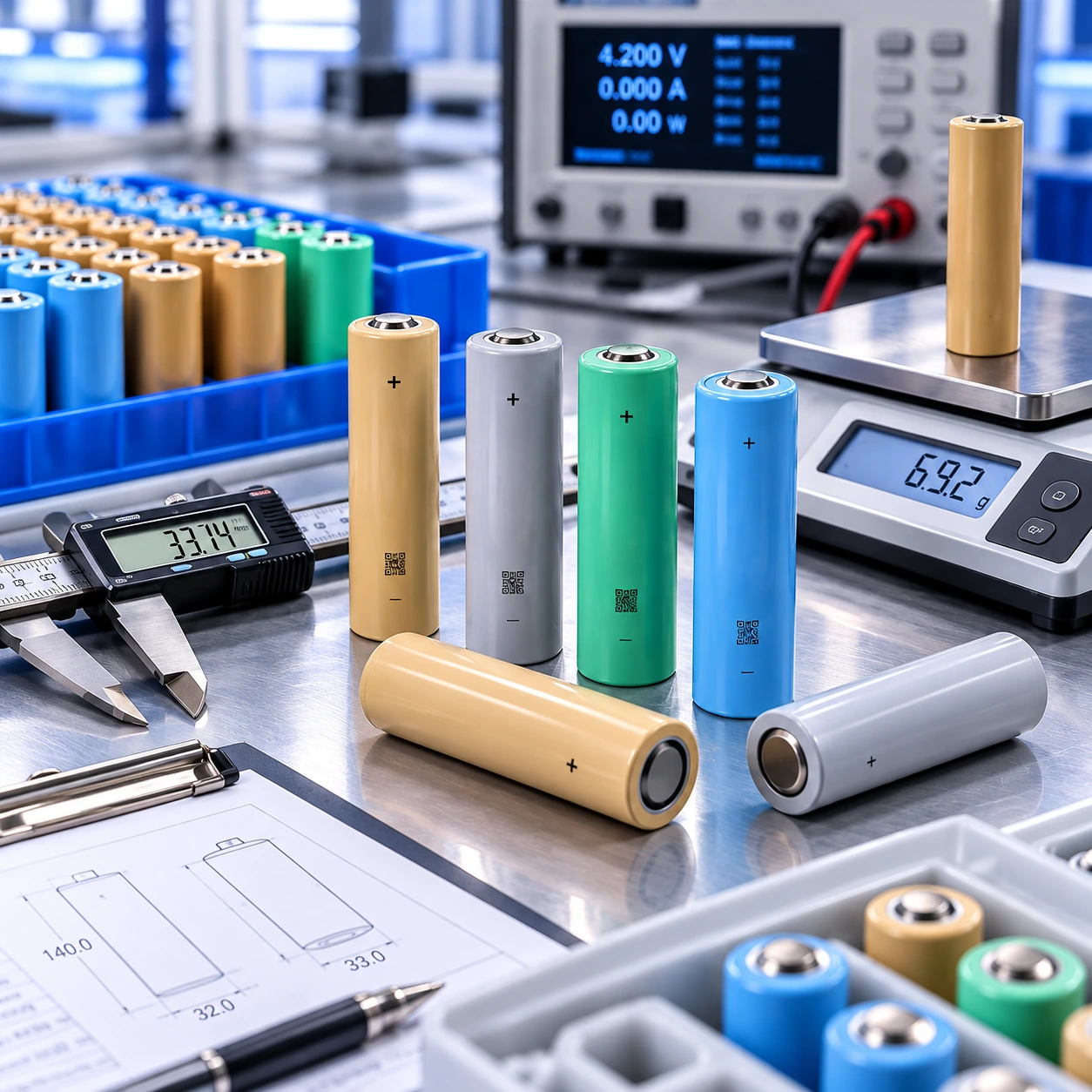 32140 and 33140 cylindrical battery cell selection with testing equipment, calipers and technical specifications
