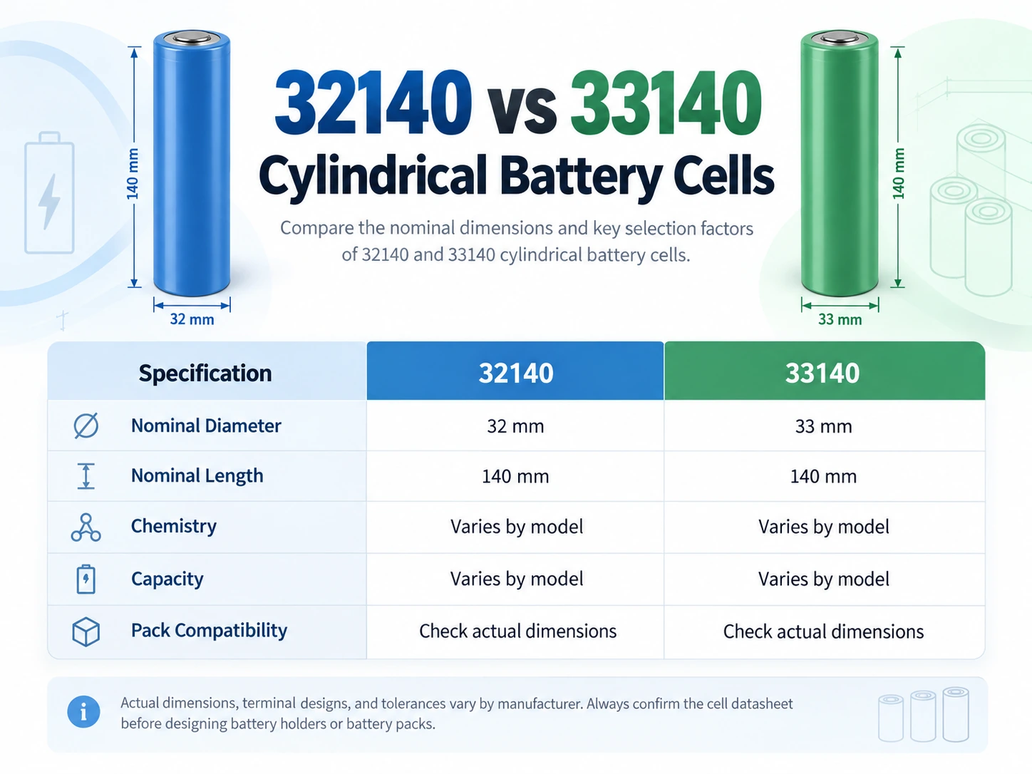 32140 vs 33140 cylindrical battery cells size comparison showing 32mm and 33mm diameters with 140mm length