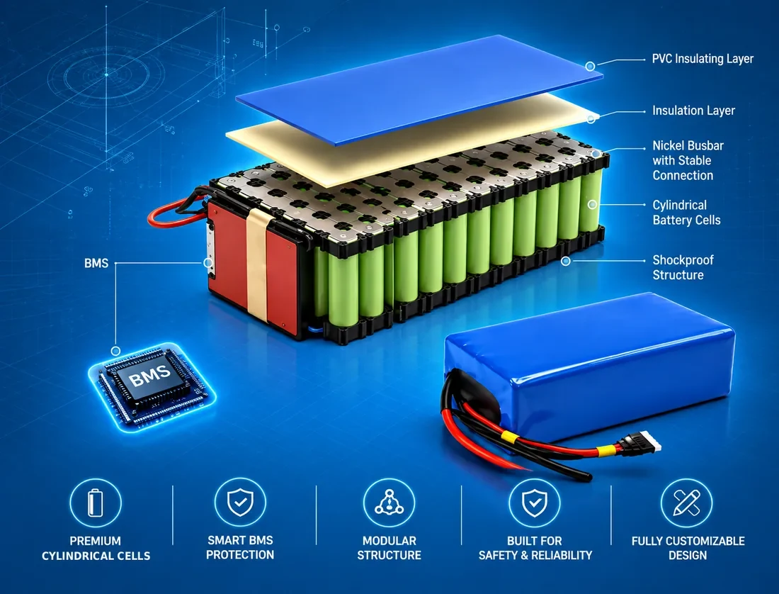 Exploded view of a custom cylindrical battery pack with BMS, insulation layers and nickel busbars