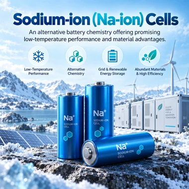Blue sodium-ion cylindrical battery cells with energy storage systems in a cold-climate environment
